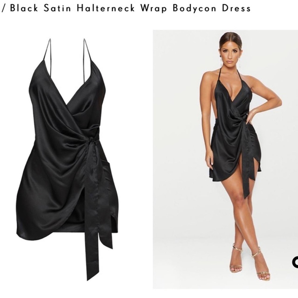 Black Satin Halterneck Wrap Bodycon Dress
